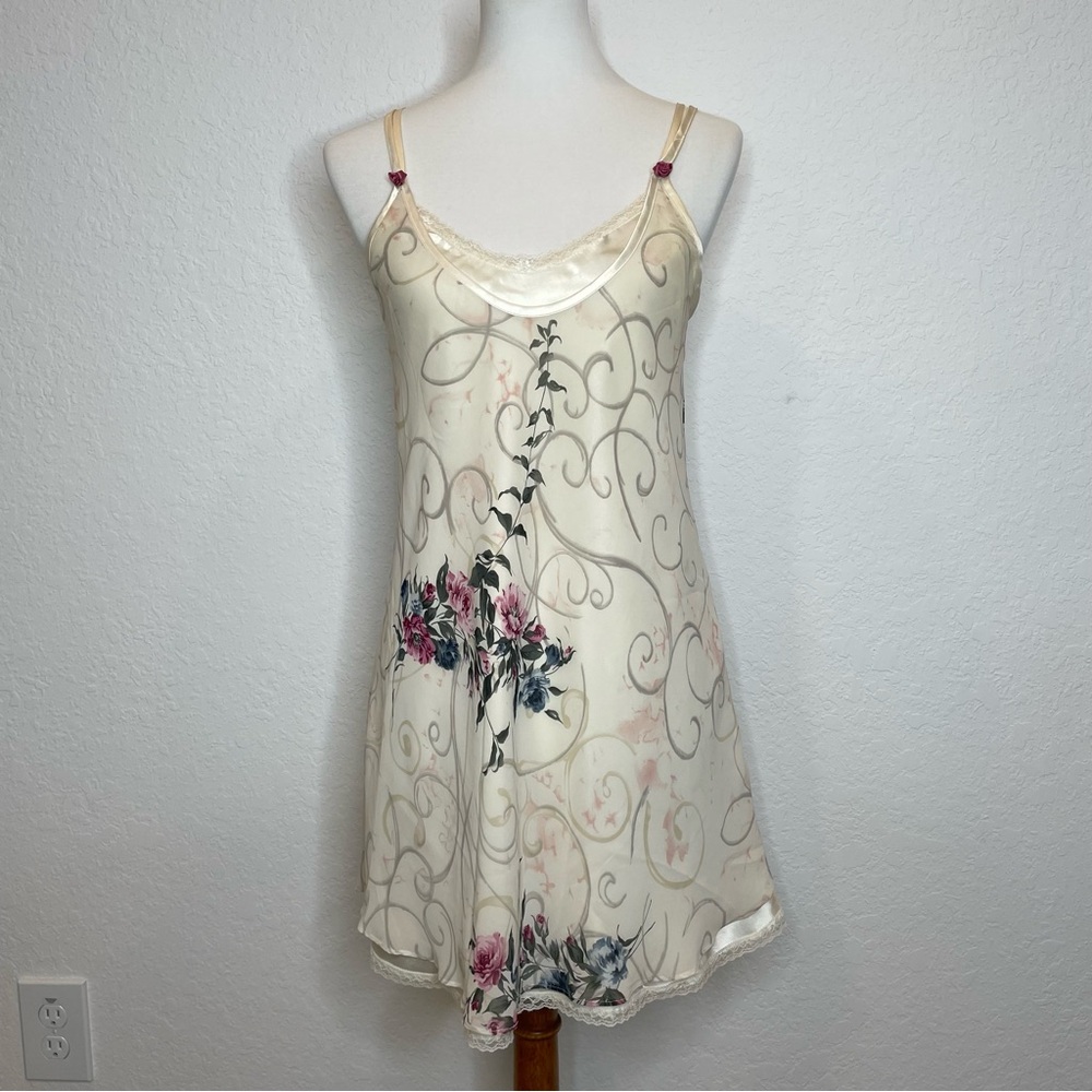 Inner Most Cream and Pink Floral Chemise with Lace Trim Vintage